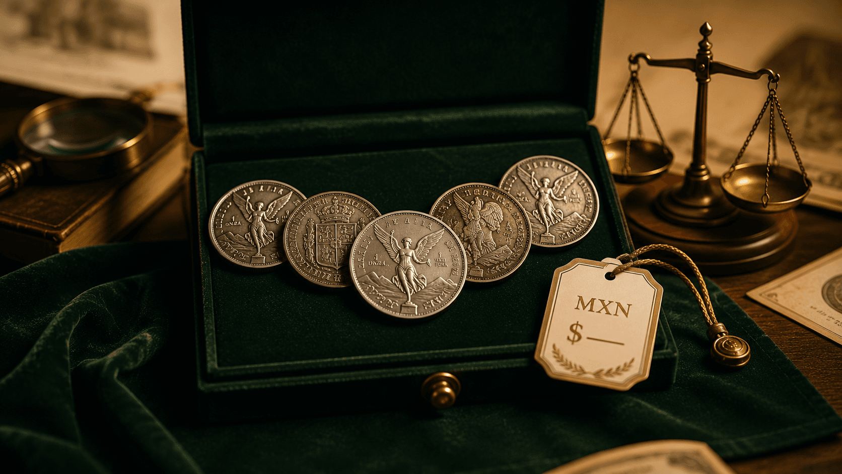 Monedas mexicanas en exhibidor de joyería
