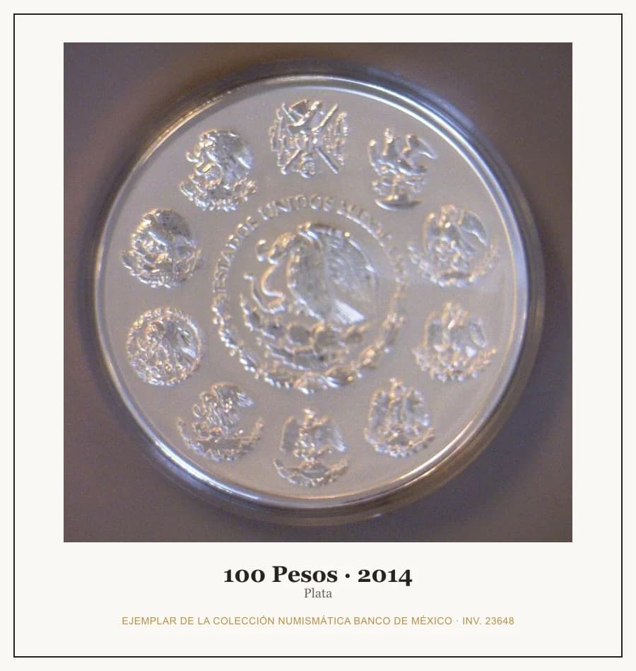 100 Pesos · 2014 — Ejemplar de la Colección Numismática Banco de México, inv. 23648