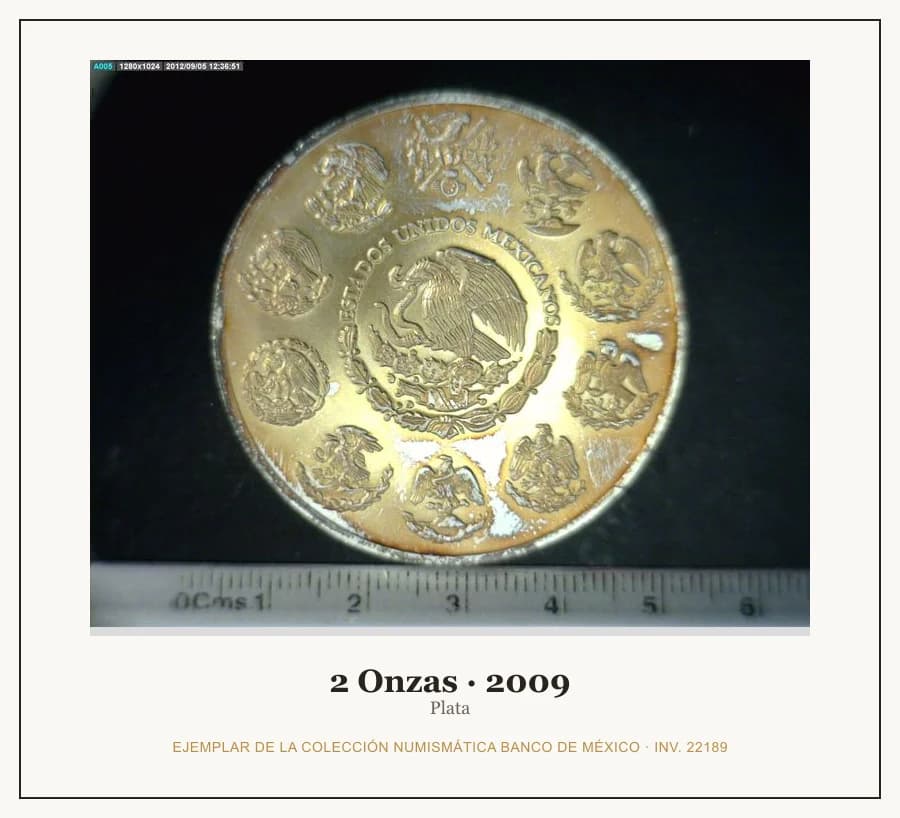 2 Onzas · 2009 — Ejemplar de la Colección Numismática Banco de México, inv. 22189