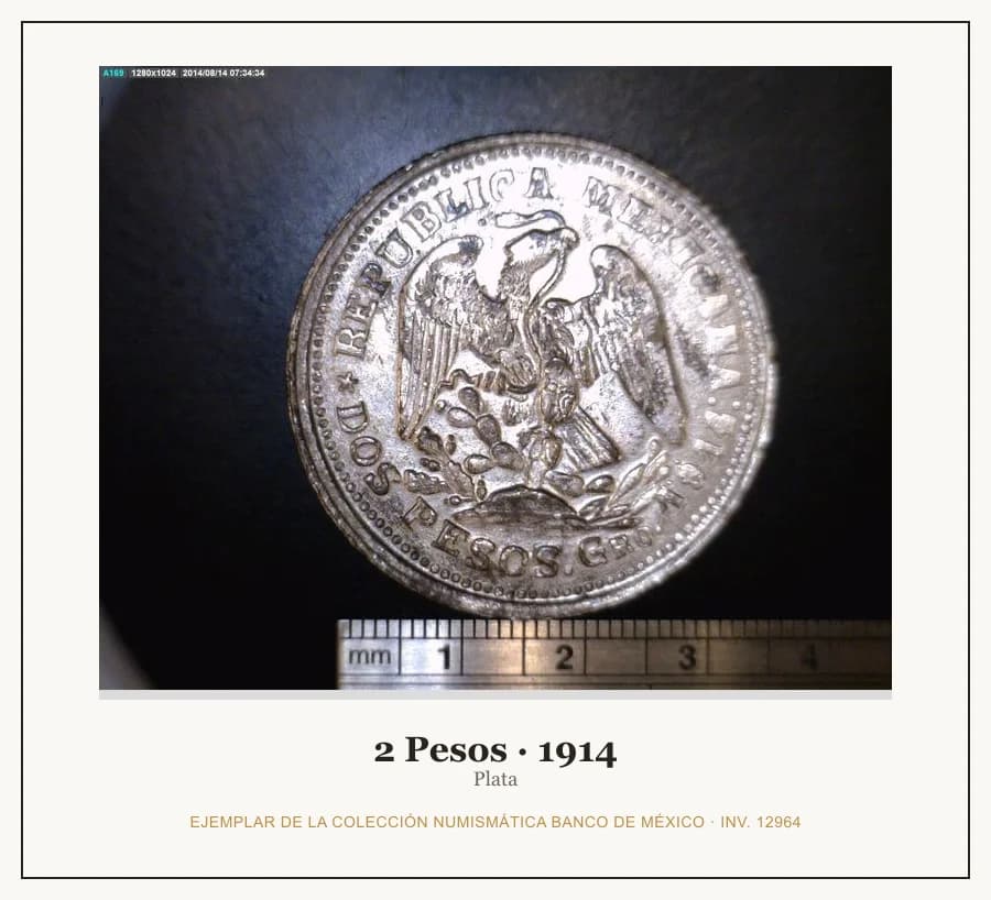 2 Pesos · 1914 — Ejemplar de la Colección Numismática Banco de México, inv. 12964