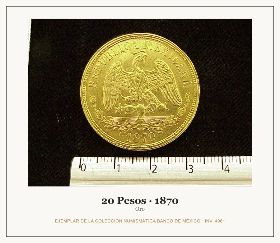 20 Pesos · 1870 — Ejemplar de la Colección Numismática Banco de México, inv. 4961