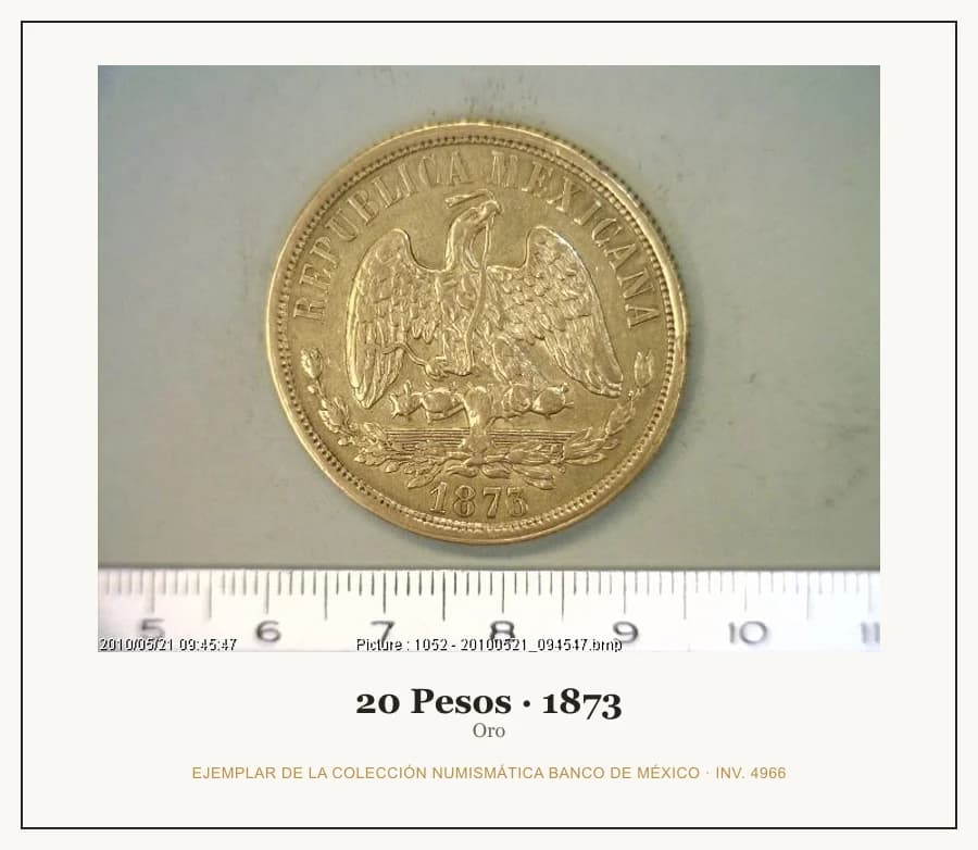 20 Pesos · 1873 — Ejemplar de la Colección Numismática Banco de México, inv. 4966