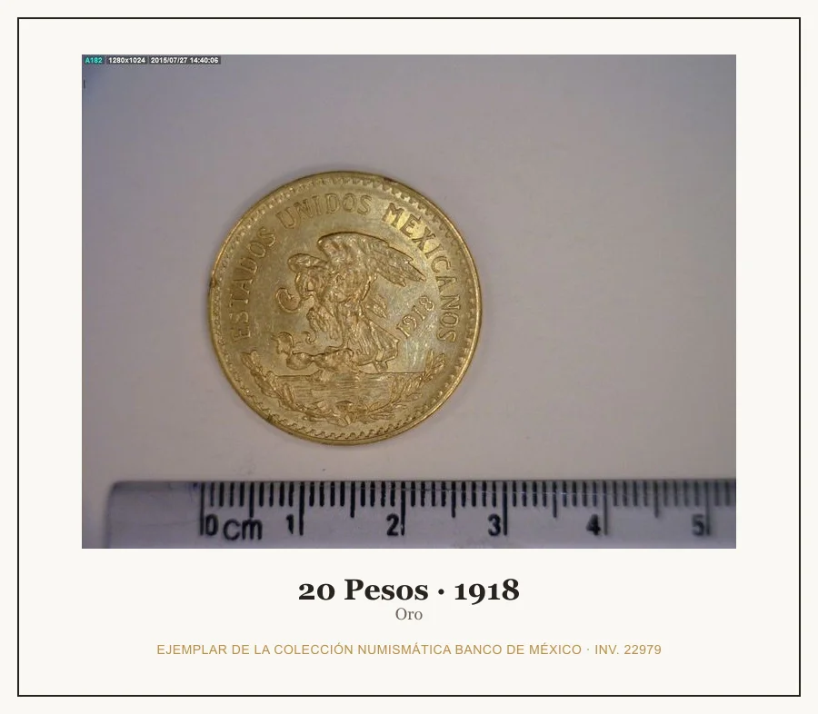 20 Pesos · 1918 — Ejemplar de la Colección Numismática Banco de México, inv. 22979