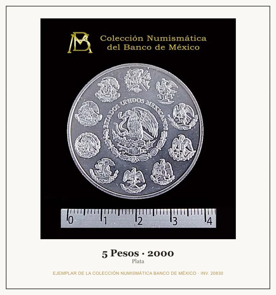 5 Pesos · 2000 — Ejemplar de la Colección Numismática Banco de México, inv. 20830