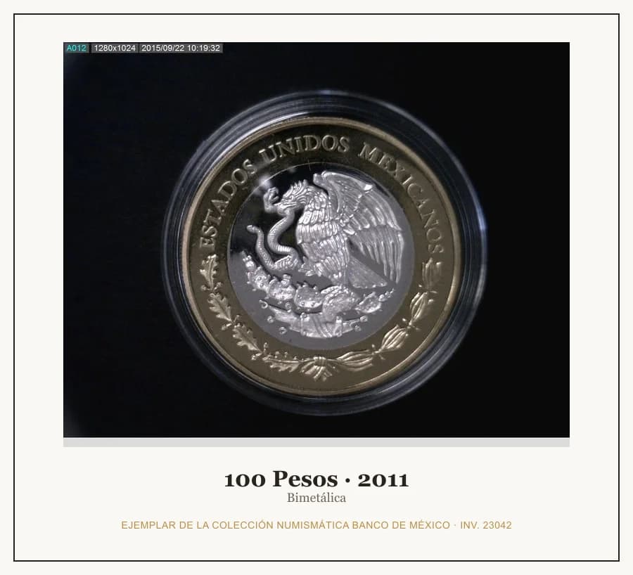100 Pesos · 2011 — Ejemplar de la Colección Numismática Banco de México, inv. 23042