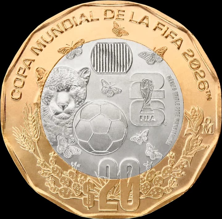 Moneda 20 pesos Mundial 2026 México triple sede, diseño nacional con jaguar y mariposas monarca