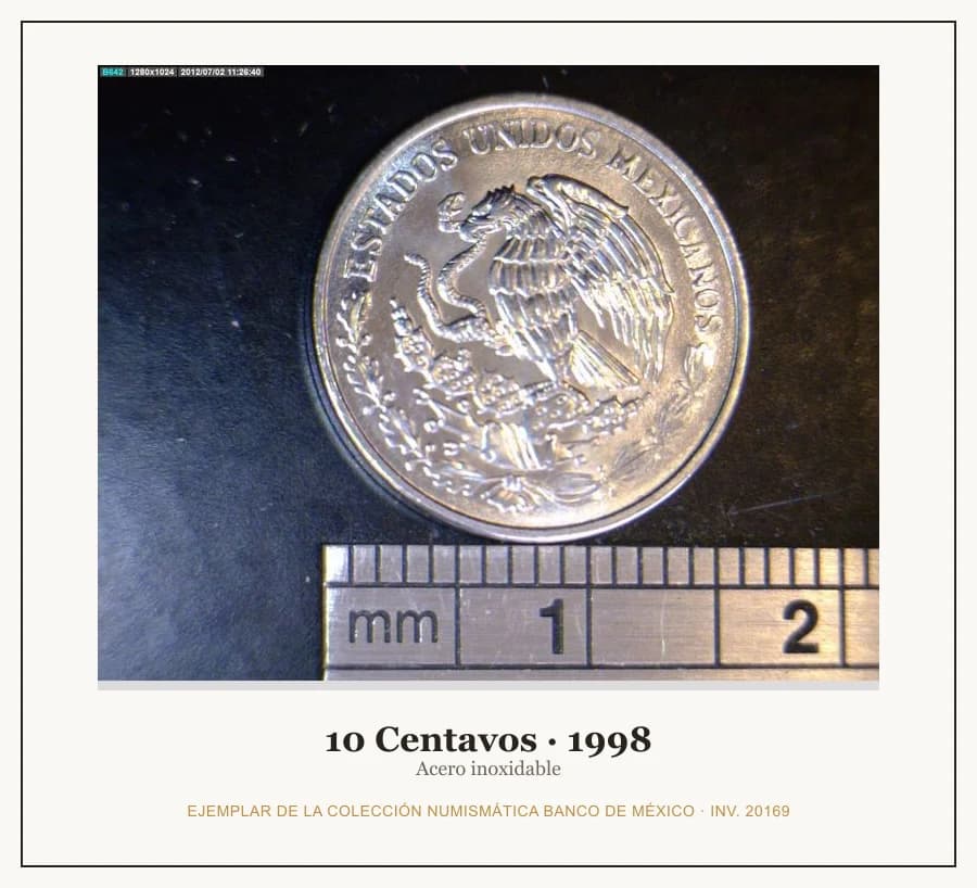 10 Centavos · 1998 — Ejemplar de la Colección Numismática Banco de México, inv. 20169