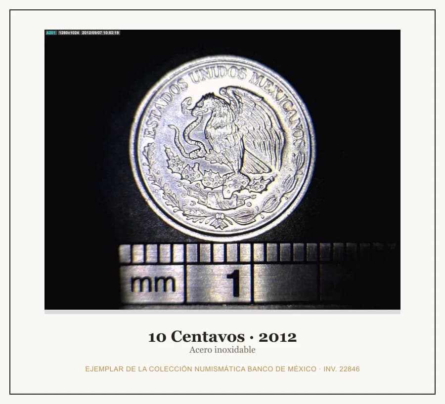 10 Centavos · 2012 — Ejemplar de la Colección Numismática Banco de México, inv. 22846