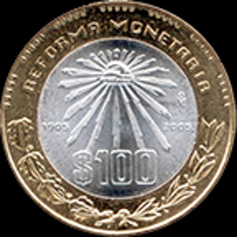 Moneda 100 pesos 100 aniversario de la Reforma Monetaria de 1905 — reverso