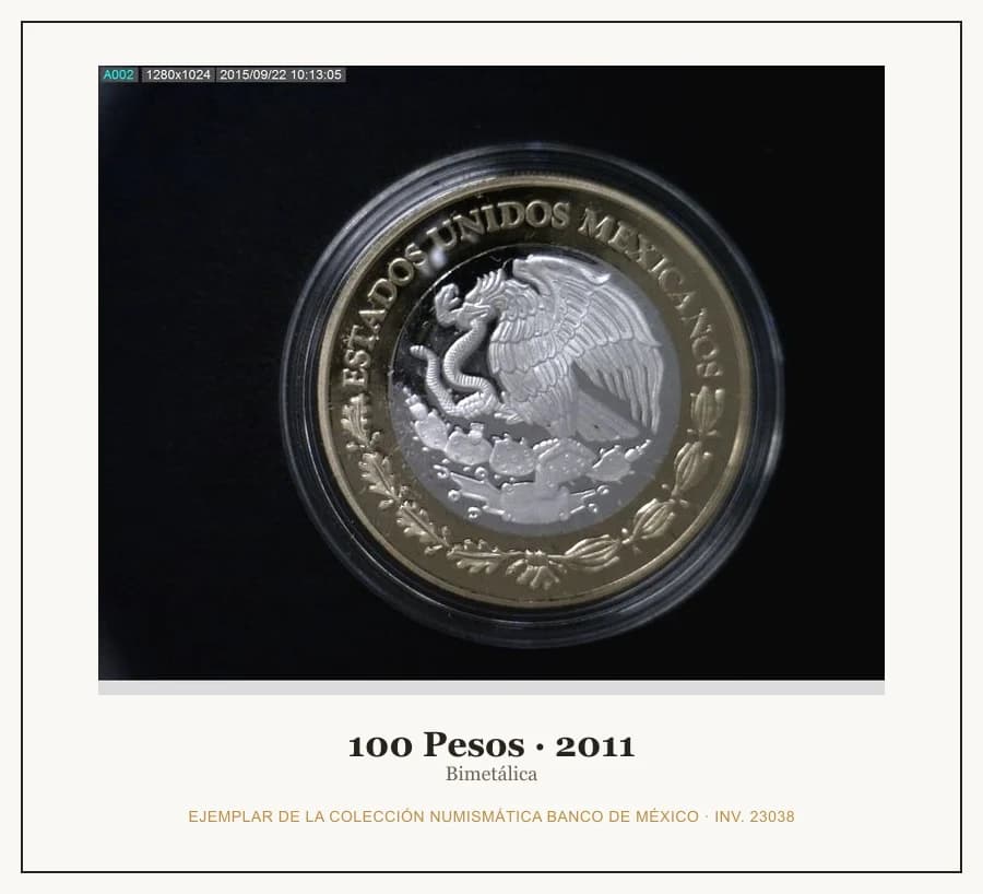 100 Pesos · 2011 — Ejemplar de la Colección Numismática Banco de México, inv. 23038