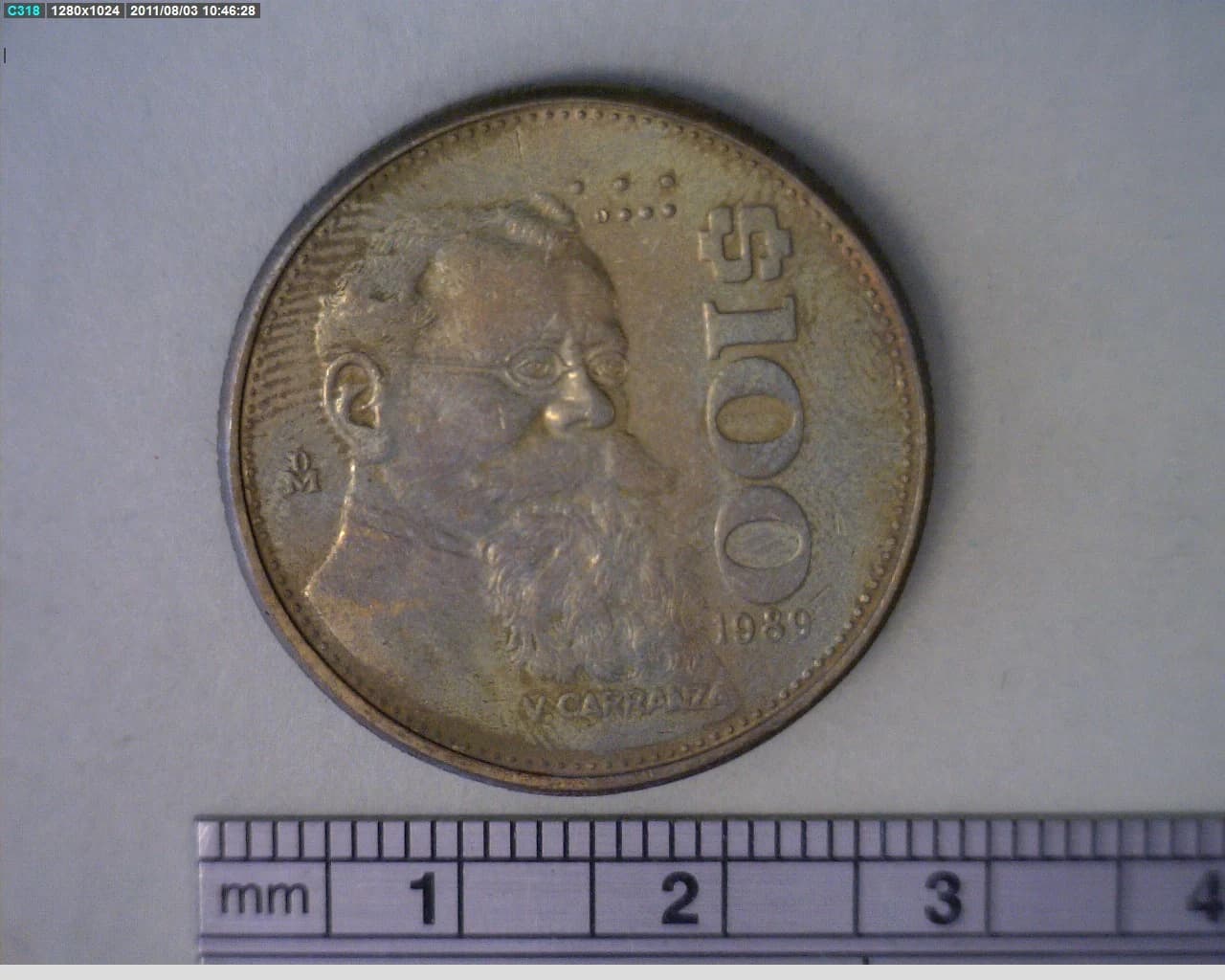 100 Pesos Carranza Bronce Aluminio 1989 (reverso)
