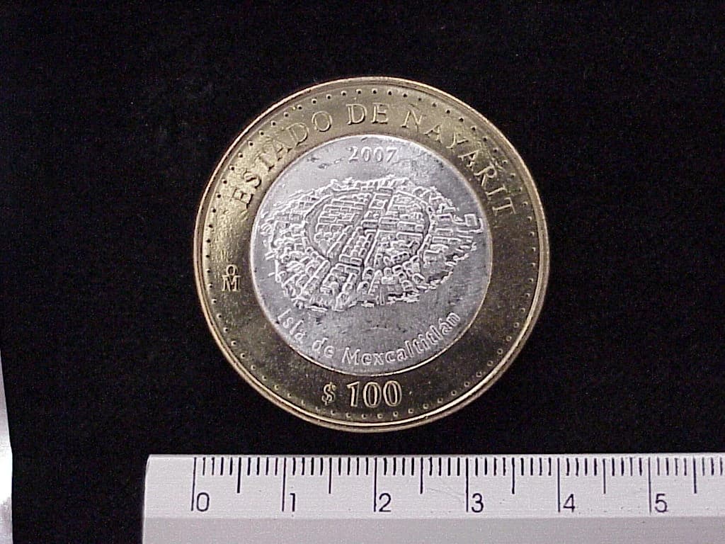 100 Pesos Unión de los Estados Nayarit segunda etapa cultural 2007 · Inventario Banxico 21565 (reverso)