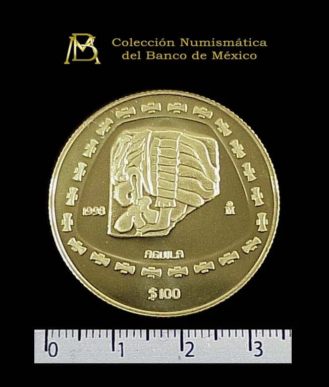 100 Pesos Precolombina, Colección Teotihuacán, serpiente emplumada. Una onza 1998 Proof · Reverso
