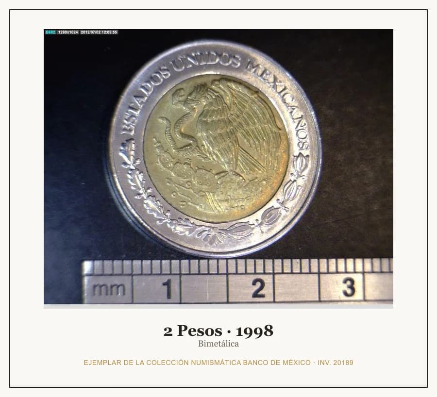 2 Pesos · 1998 — Ejemplar de la Colección Numismática Banco de México, inv. 20189