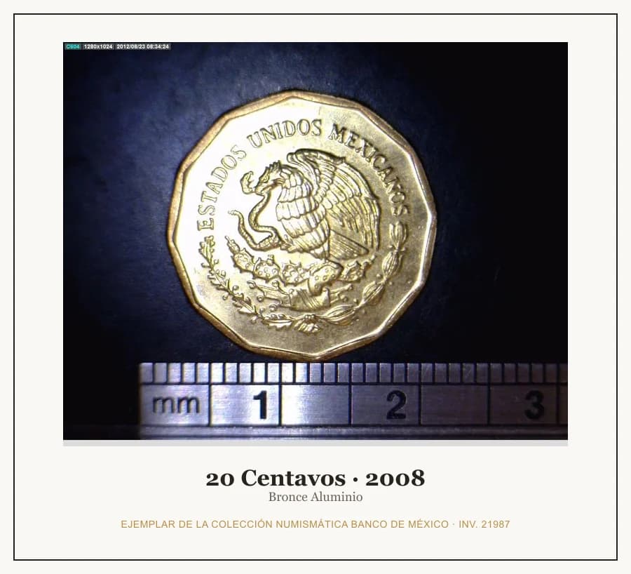 20 Centavos · 2008 — Ejemplar de la Colección Numismática Banco de México, inv. 21987