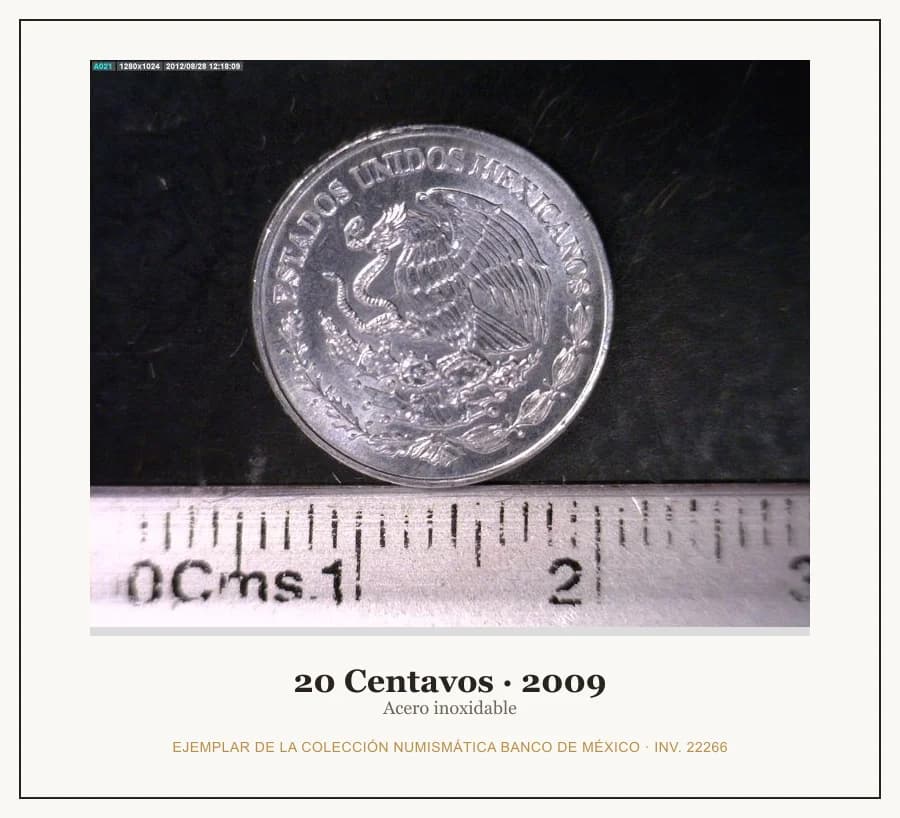 20 Centavos · 2009 — Ejemplar de la Colección Numismática Banco de México, inv. 22266