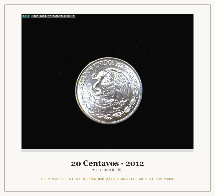 20 Centavos · 2012 — Ejemplar de la Colección Numismática Banco de México, inv. 23094