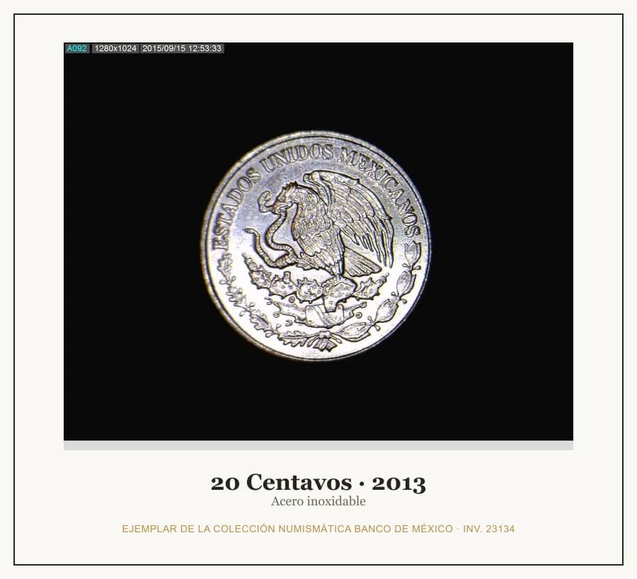 20 Centavos · 2013 — Ejemplar de la Colección Numismática Banco de México, inv. 23134