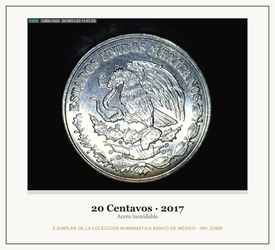 20 Centavos · 2017 — Ejemplar de la Colección Numismática Banco de México, inv. 23988
