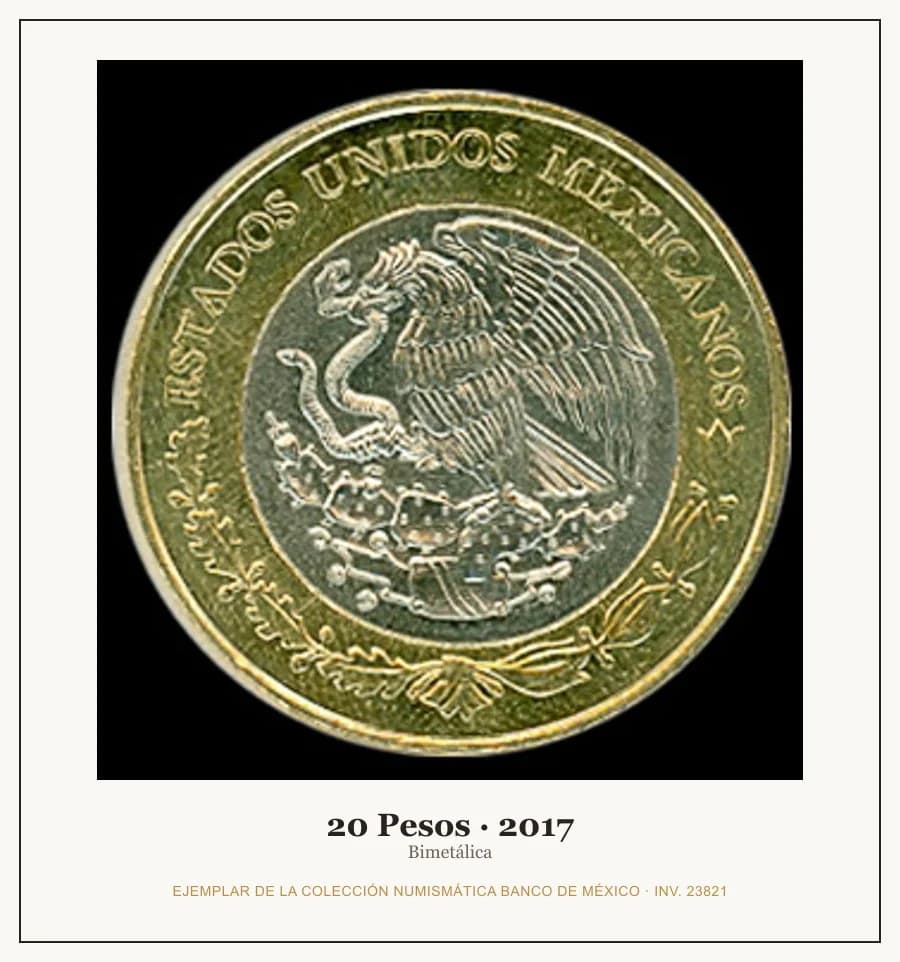 20 Pesos · 2017 — Ejemplar de la Colección Numismática Banco de México, inv. 23821