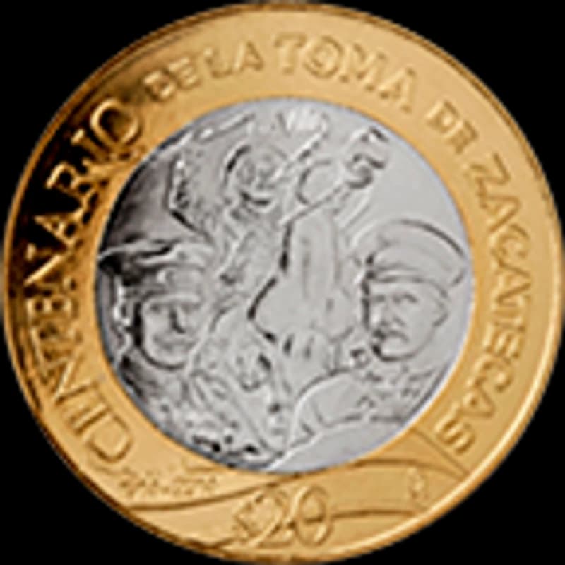 Moneda 20 pesos Centenario de la toma de Zacatecas — reverso