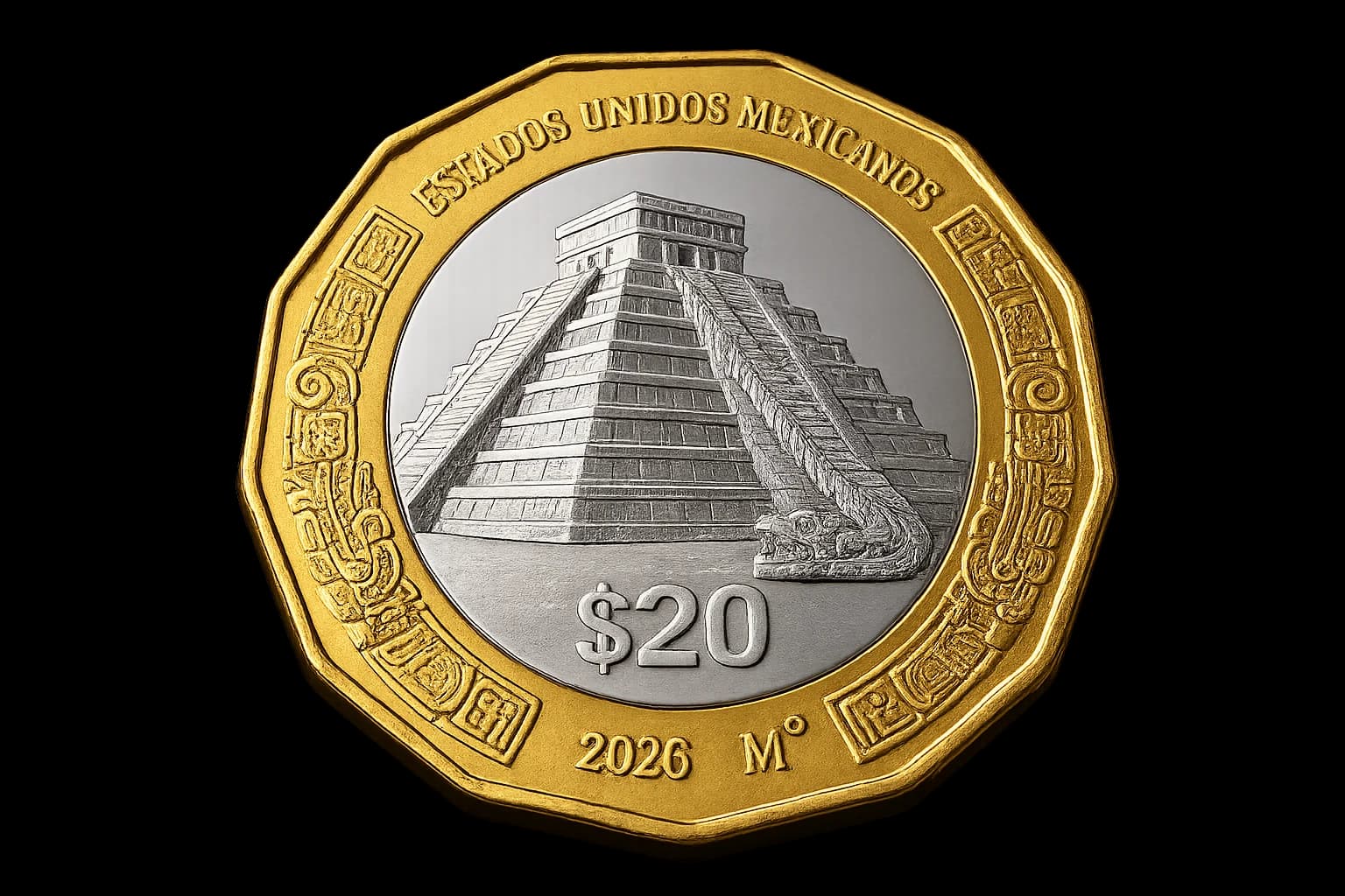 Reverso de la moneda de 20 pesos Kukulkán 2026, El Castillo de Chichén Itzá