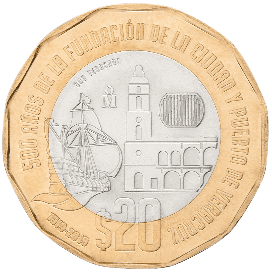 Reverso de moneda 20 pesos 500 aniversario de la fundación de la Ciudad y Puerto de Veracruz 2020-2019