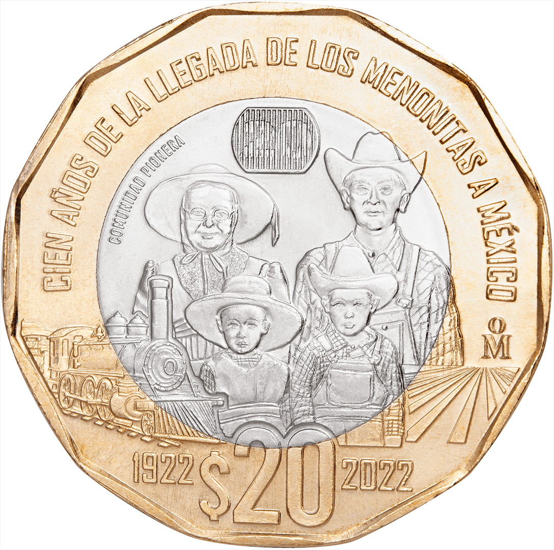 Reverso de moneda 20 pesos Cien años de la llegada de los Menonitas a México 2022