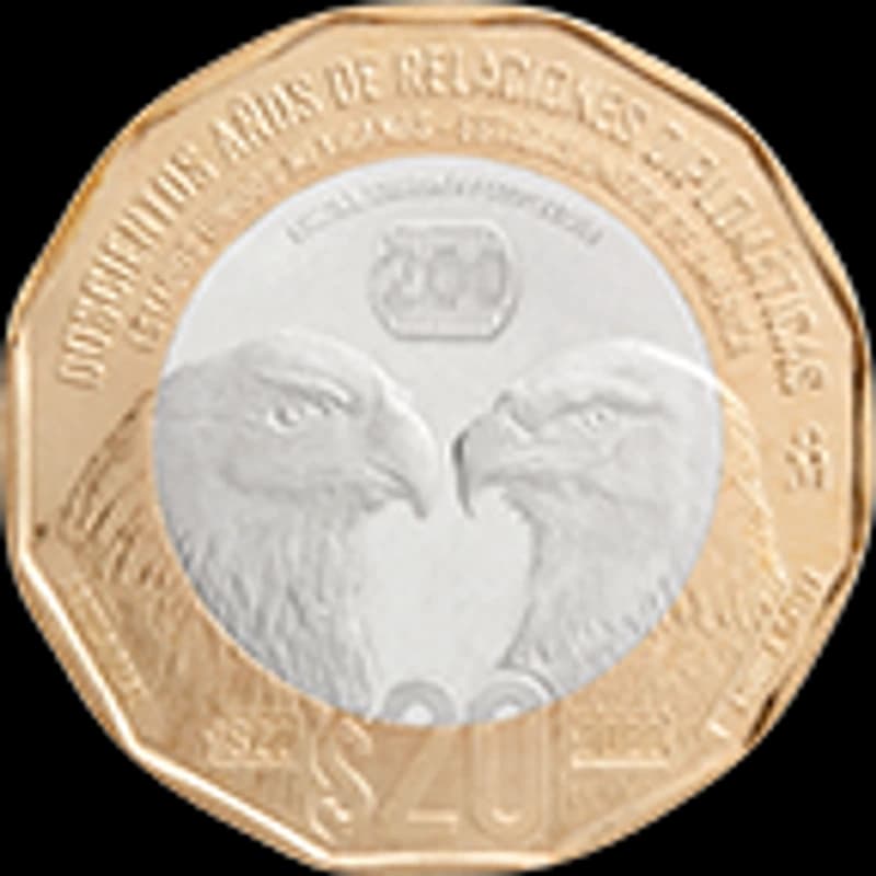 Moneda de 20 pesos, conmemorativa de los doscientos años de relaciones diplomáticas entre los Estados Unidos Mexicanos y los Estados Unidos de América, familia C1 — reverso