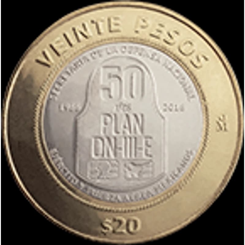 Moneda 20 pesos Quincuagésimo aniversario de la aplicación del Plan DN-III-E — reverso