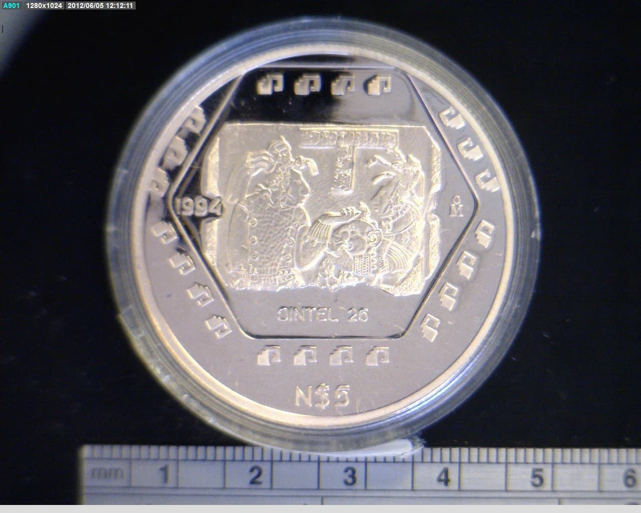 5 Nuevos Pesos Dintel 26 de Yaxchilán 1994 · Inventario Banxico 19256 (reverso)