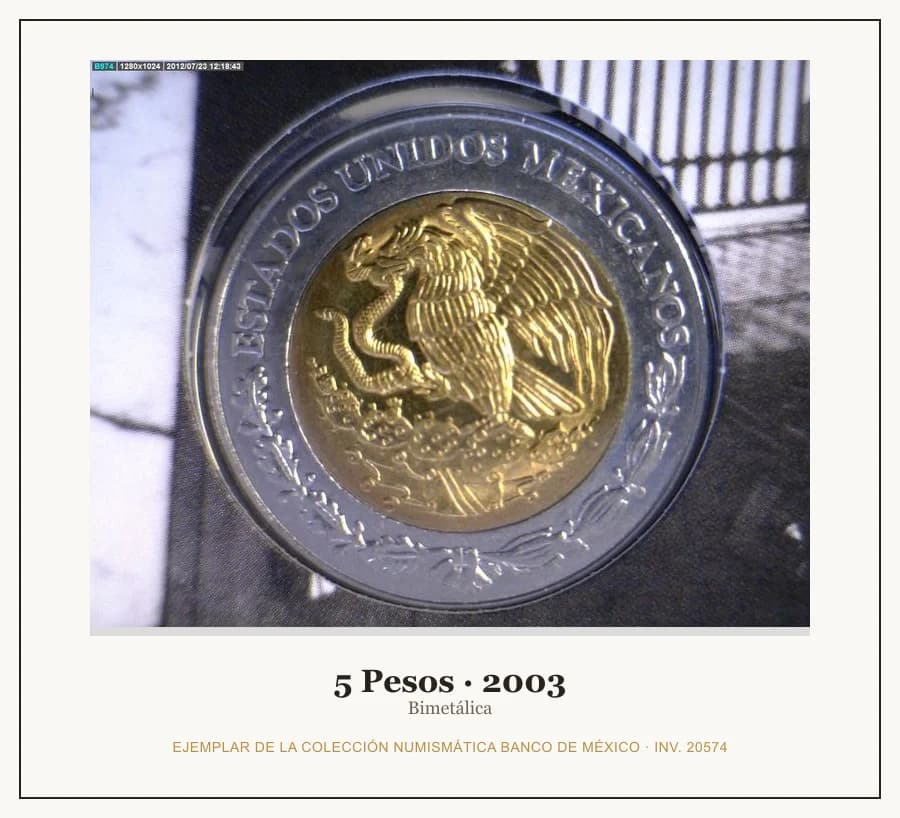 5 Pesos · 2003 — Ejemplar de la Colección Numismática Banco de México, inv. 20574