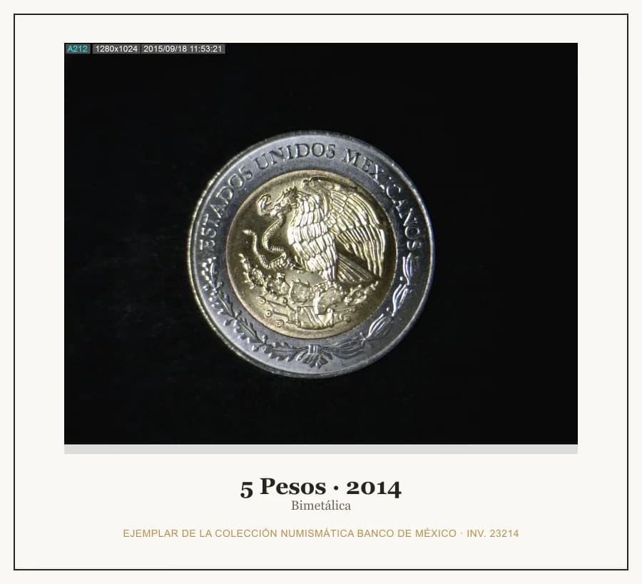 5 Pesos · 2014 — Ejemplar de la Colección Numismática Banco de México, inv. 23214