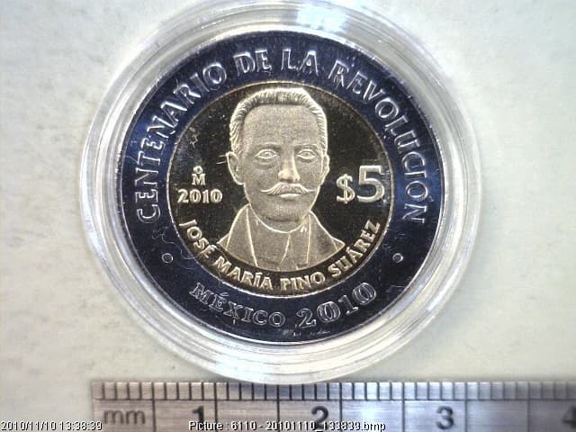 5 Pesos Centenario de la Revolución Mexicana: José María Pino Suárez 2010 · Reverso