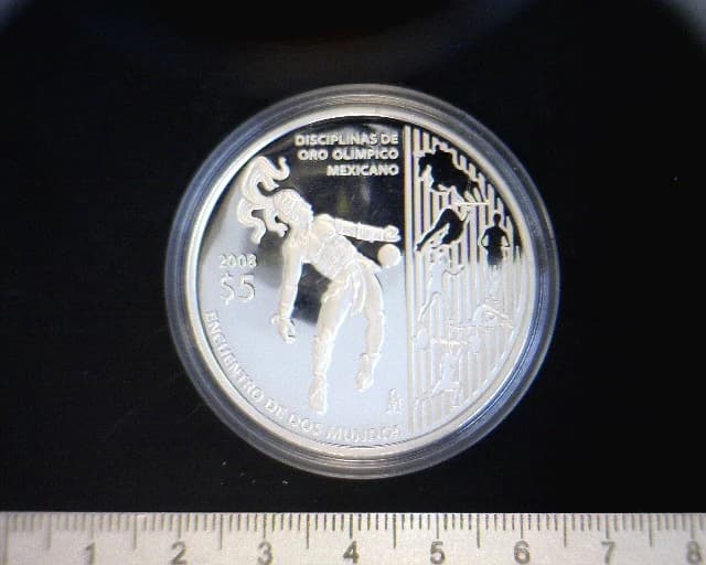5 Pesos Encuentro de dos mundos. Disciplinas de oro mexicano 2008 Proof · Reverso