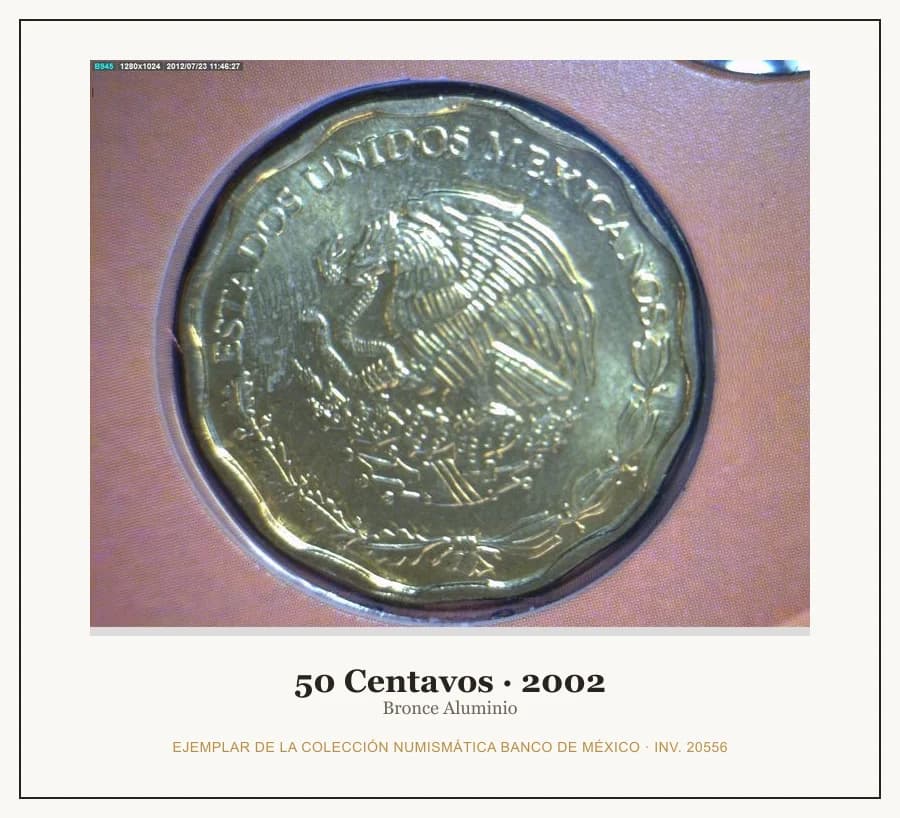 50 Centavos · 2002 — Ejemplar de la Colección Numismática Banco de México, inv. 20556