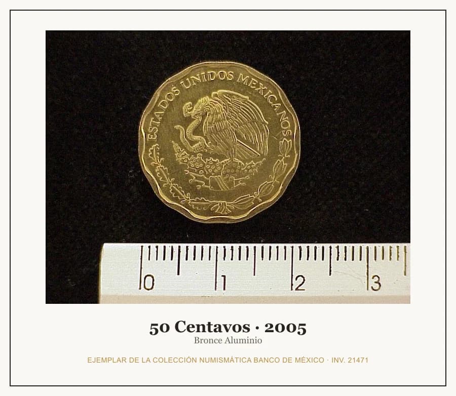 50 Centavos · 2005 — Ejemplar de la Colección Numismática Banco de México, inv. 21471