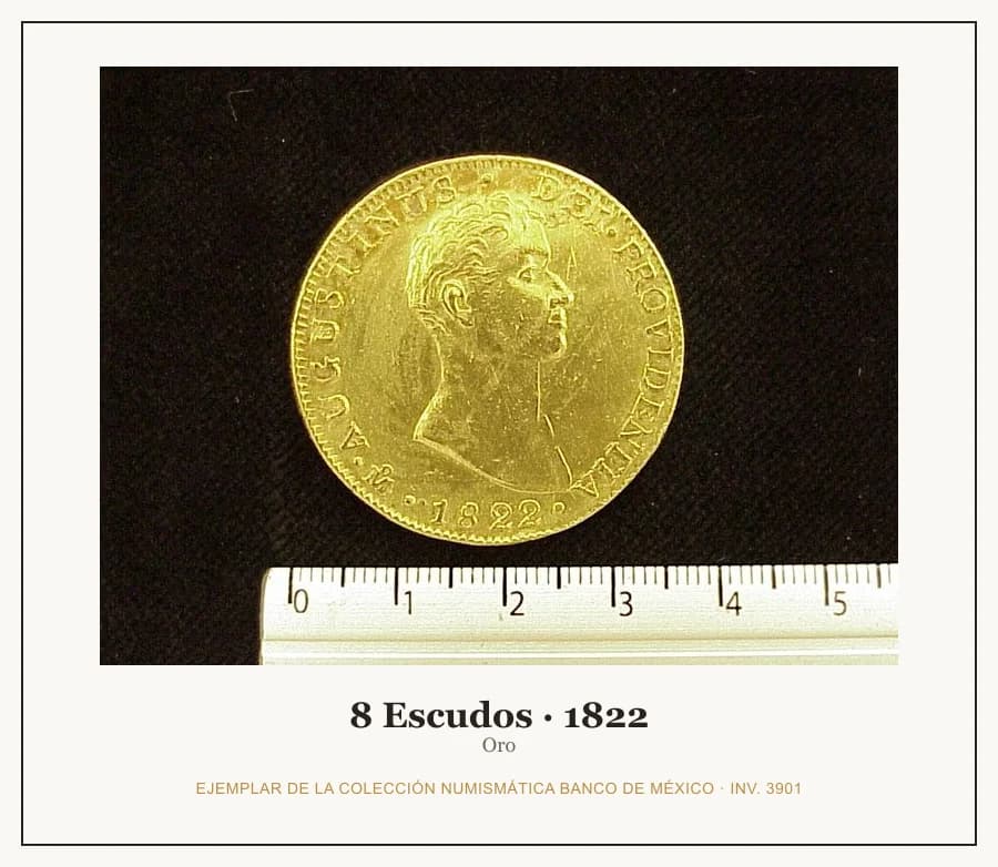 8 Escudos · 1822 — Ejemplar de la Colección Numismática Banco de México, inv. 3901