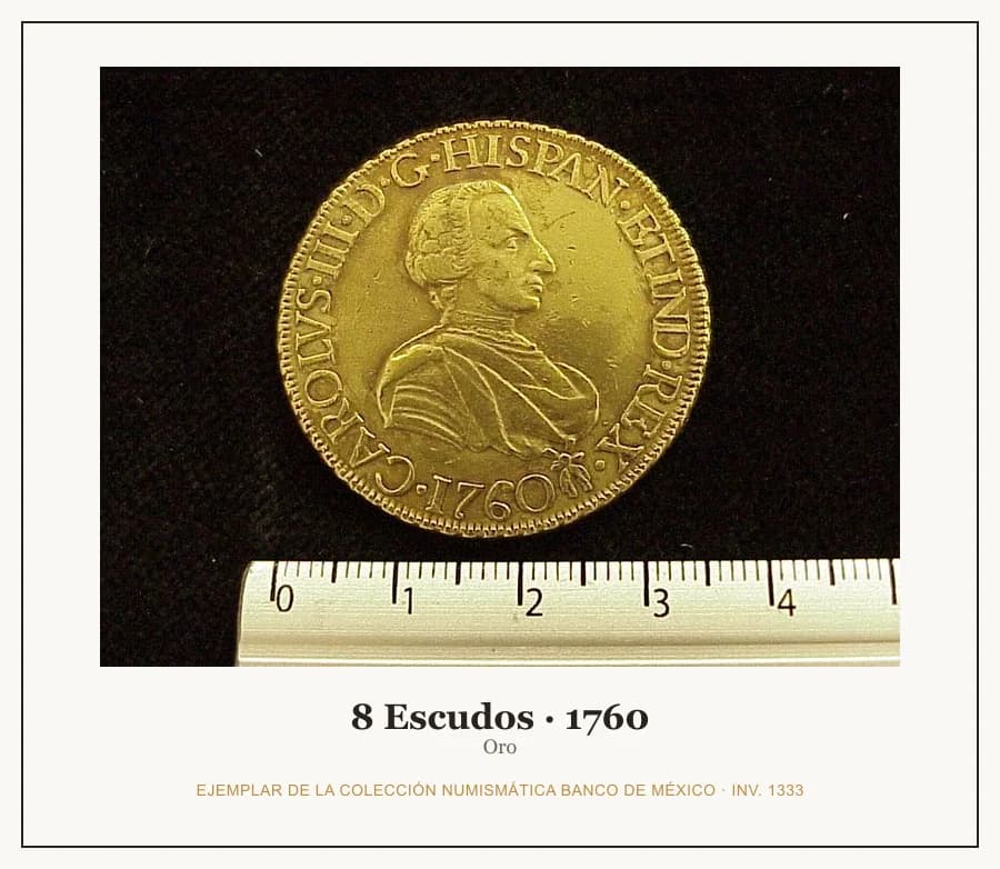 8 Escudos · 1760 — Ejemplar de la Colección Numismática Banco de México, inv. 1333