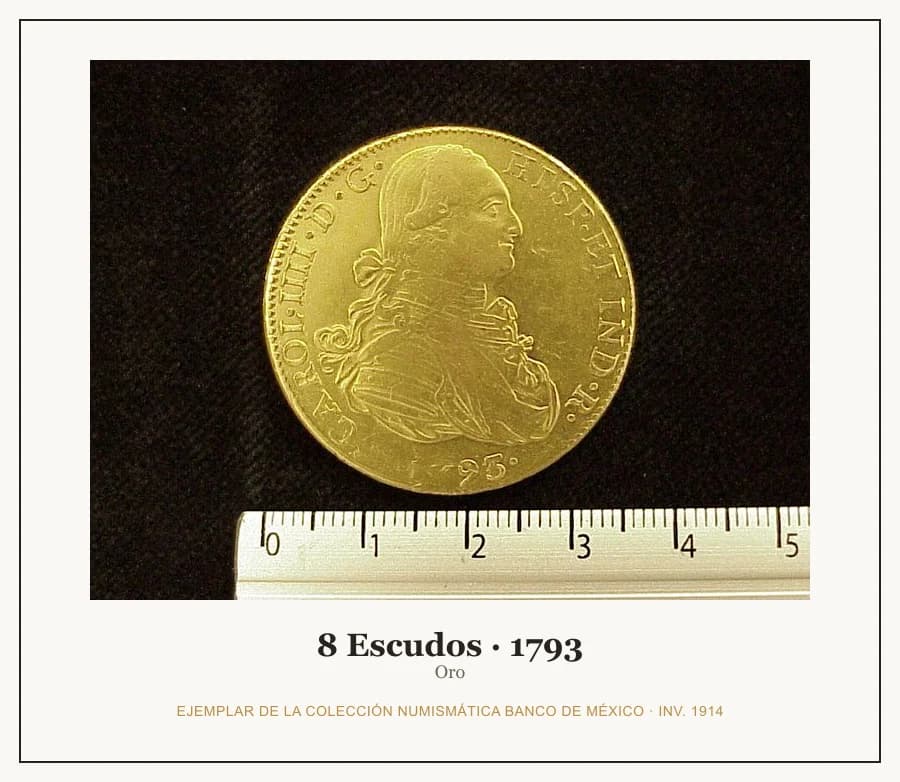 8 Escudos · 1793 — Ejemplar de la Colección Numismática Banco de México, inv. 1914