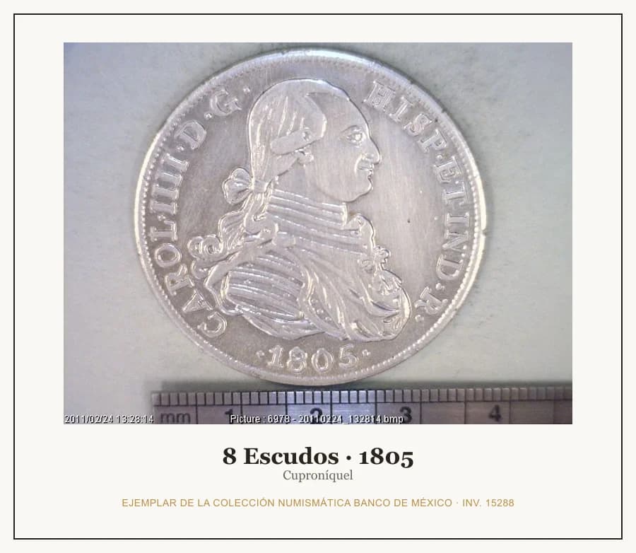 8 Escudos · 1805 — Ejemplar de la Colección Numismática Banco de México, inv. 15288