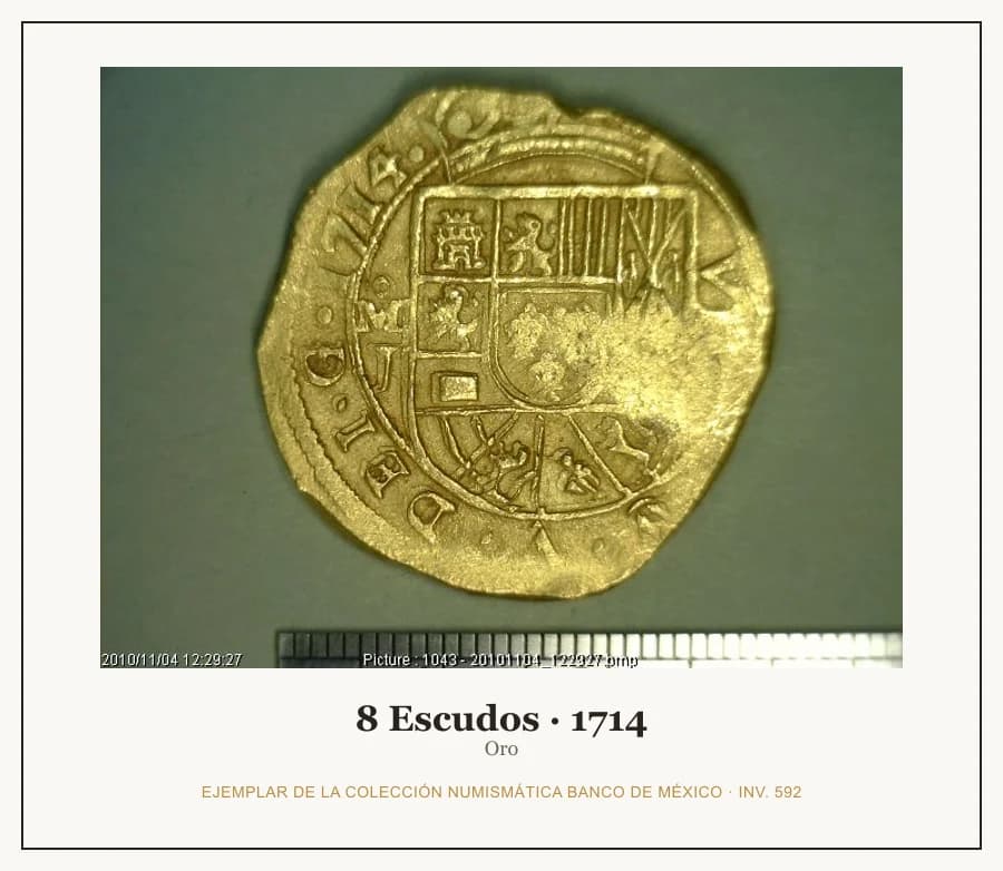 8 Escudos · 1714 — Ejemplar de la Colección Numismática Banco de México, inv. 592
