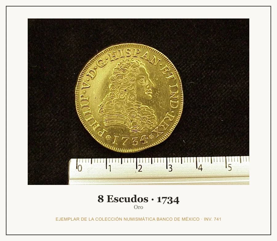 8 Escudos · 1734 — Ejemplar de la Colección Numismática Banco de México, inv. 741