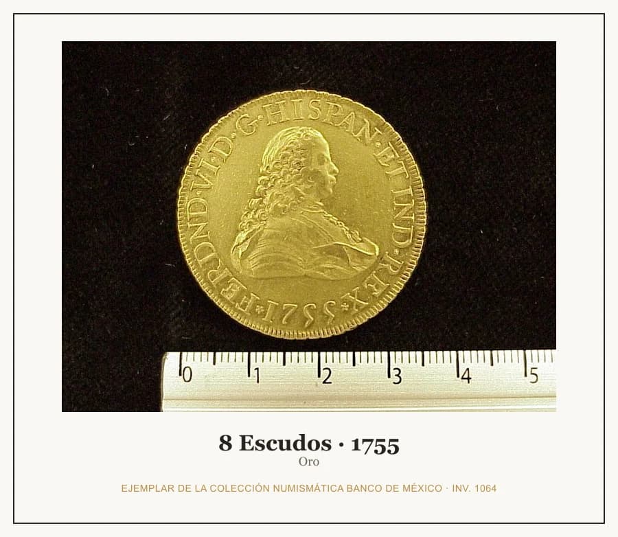 8 Escudos · 1755 — Ejemplar de la Colección Numismática Banco de México, inv. 1064