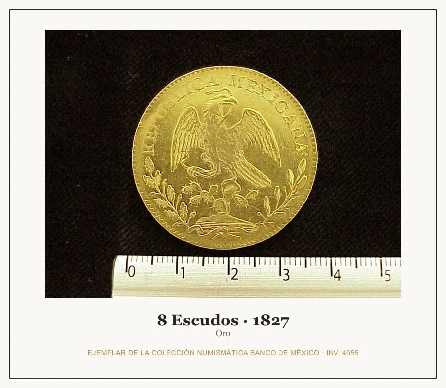8 Escudos · 1827 — Ejemplar de la Colección Numismática Banco de México, inv. 4055