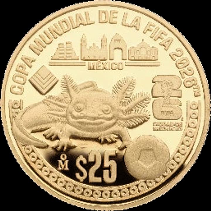 Reverso de 25 pesos oro Mundial 2026 Ciudad de México con axolote, logo FIFA y denominación 25
