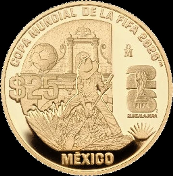 Reverso de 25 pesos oro Mundial 2026 Guadalajara con Catedral, Minerva, balón de fútbol y agave