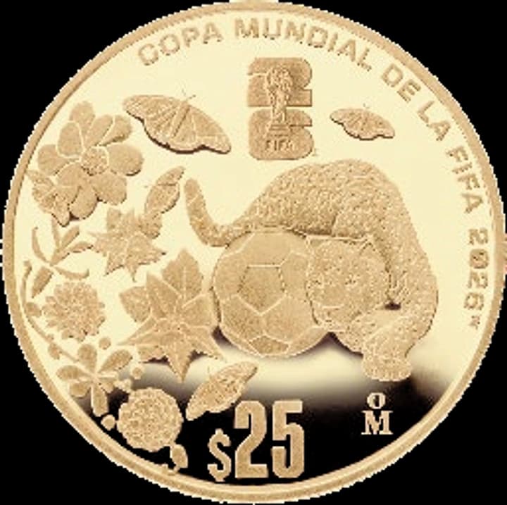 Reverso de 25 pesos oro Mundial 2026 México triple sede con jaguar, balón y mariposas monarca