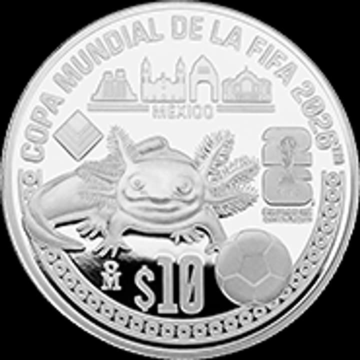 Reverso de 1 onza plata Mundial 2026 Ciudad de México con Ángel de la Independencia y futbolista