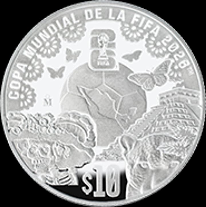 Reverso de 1 onza plata Mundial 2026 México triple sede con jaguar, mariposas, cráneo y Templo Maya